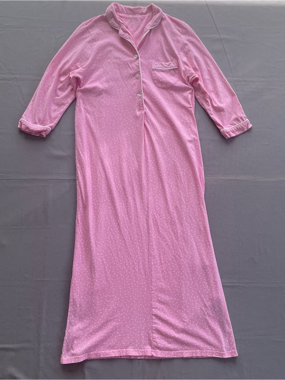Pajamagram Long Nightgown Sz S Pink & White Polka Dot 100% Cotton Notched Collar